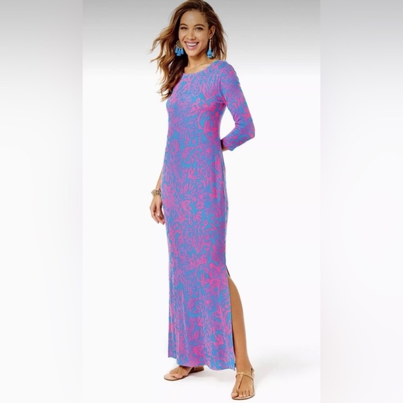 Lilly Pulitzer Morgann 3/4 Sleeve Maxi Dress Aura Pink Leaf An Impression Large - Picture 14 of 14
